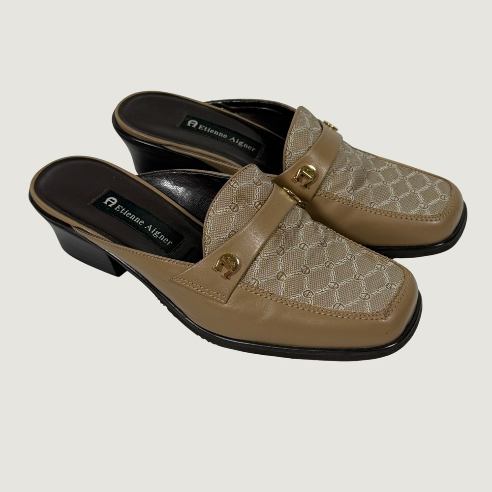 Etienne Aigner Logo Tan Leather Monogram Mules Tan Gold Block Heel Shoes 8.5W